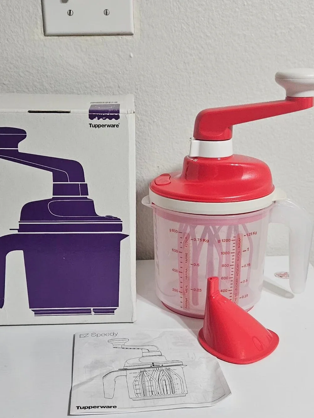 Tupperware Red Manual EZ Speedy Chopper with Clear Container and Red Funnel